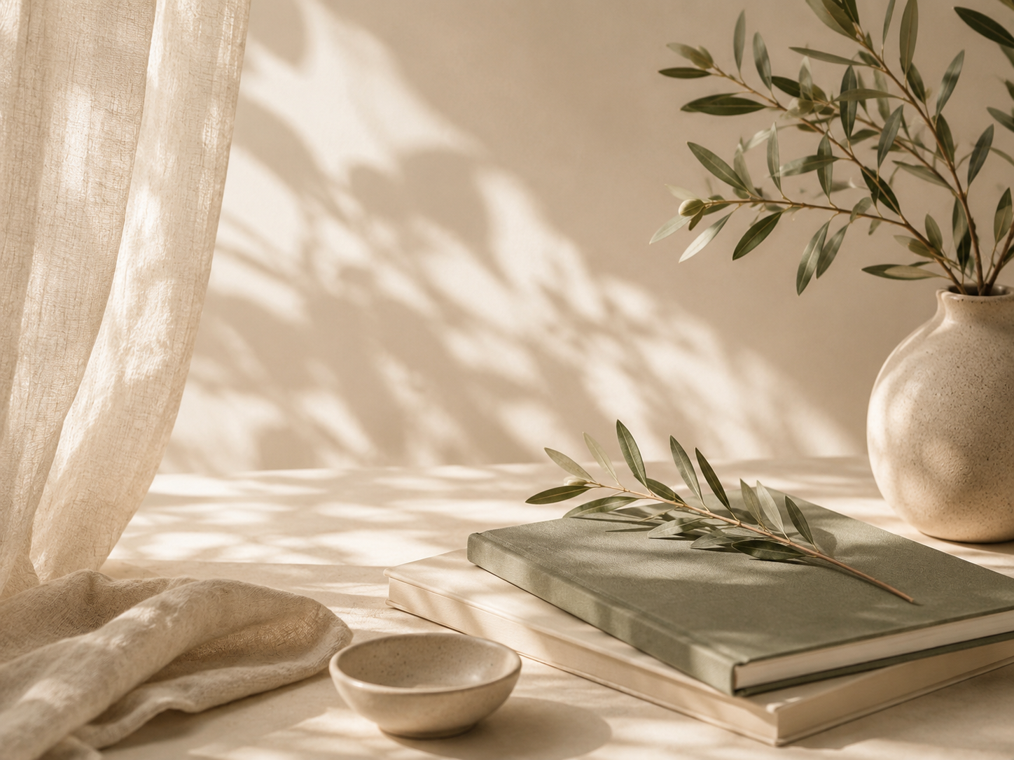 Stillleben mit Notizbuch, Vorhang und Zweig in warmer Lichtstimmung